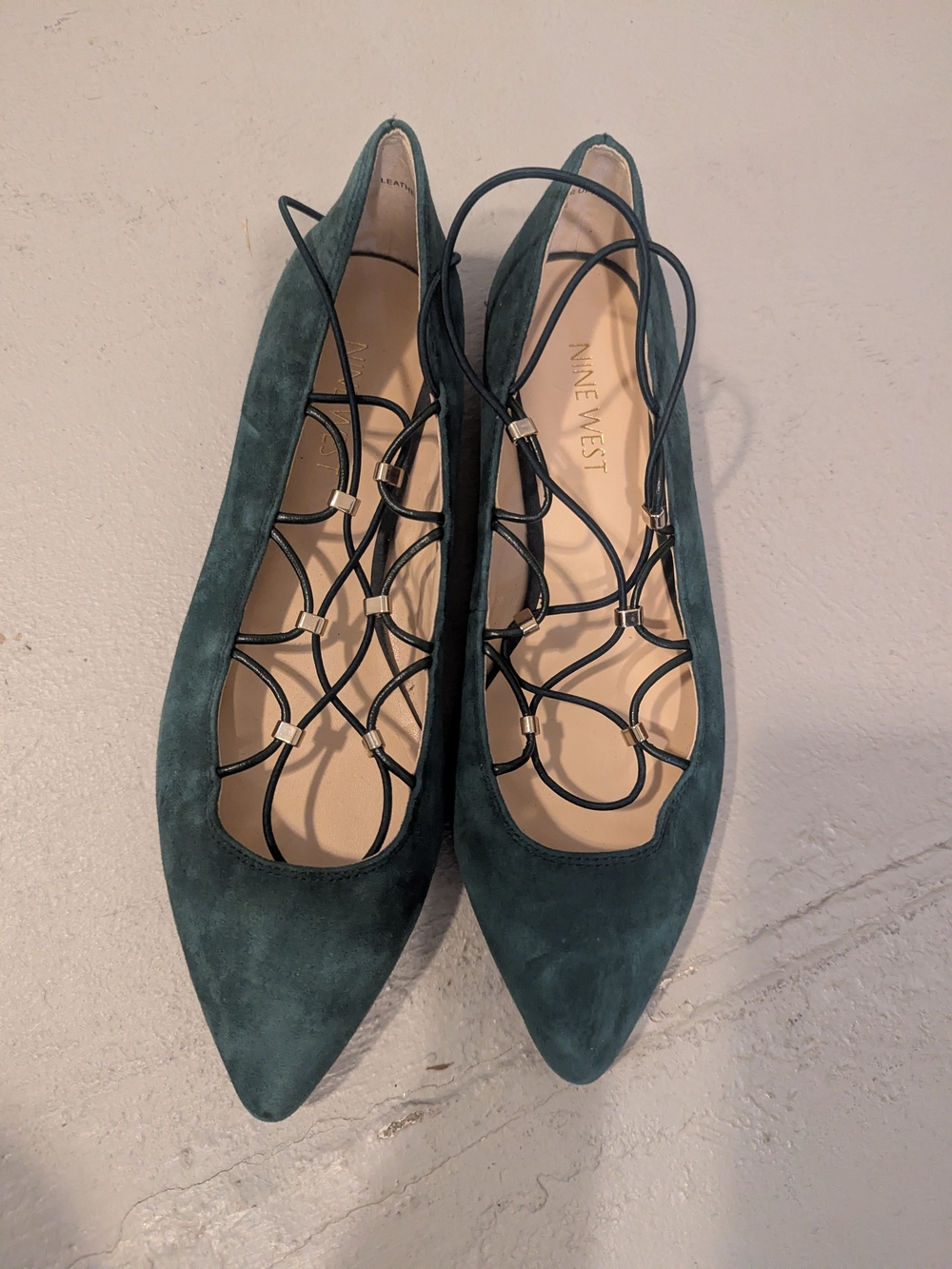 Nine West Teal Suede Pointed-Toe Lace-Up Flats